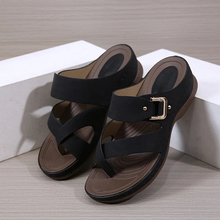 LAST DAY 70% OFF-Women's Orthopedic Wedge Wide Toe Arch Support Leather Sandals