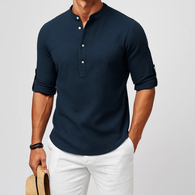 Men's Textured Band-Collar Roll-Tab Shirt