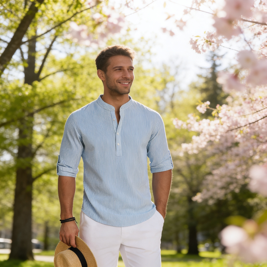 Men's Textured Band-Collar Roll-Tab Shirt
