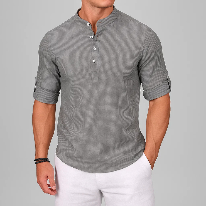 Men's Textured Band-Collar Roll-Tab Shirt