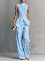 Stylish Slim-fit Sleeveless Linen And Cotton Two-piece Set