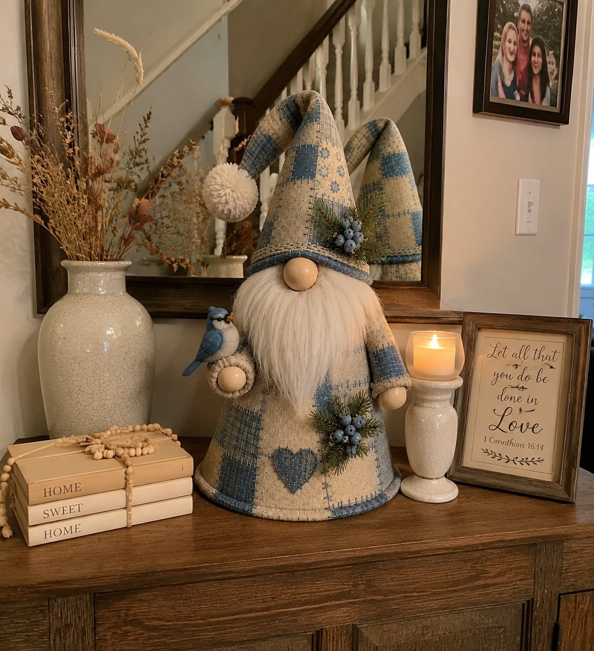 🐦 Patchwork Bird Gnome Light | Farmhouse Holiday Decor