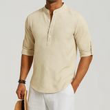 Men's Textured Band-Collar Roll-Tab Shirt