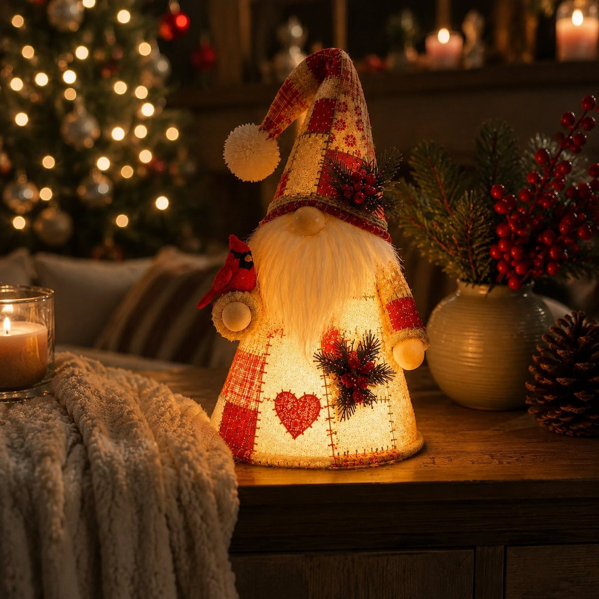 🐦 Patchwork Bird Gnome Light | Farmhouse Holiday Decor