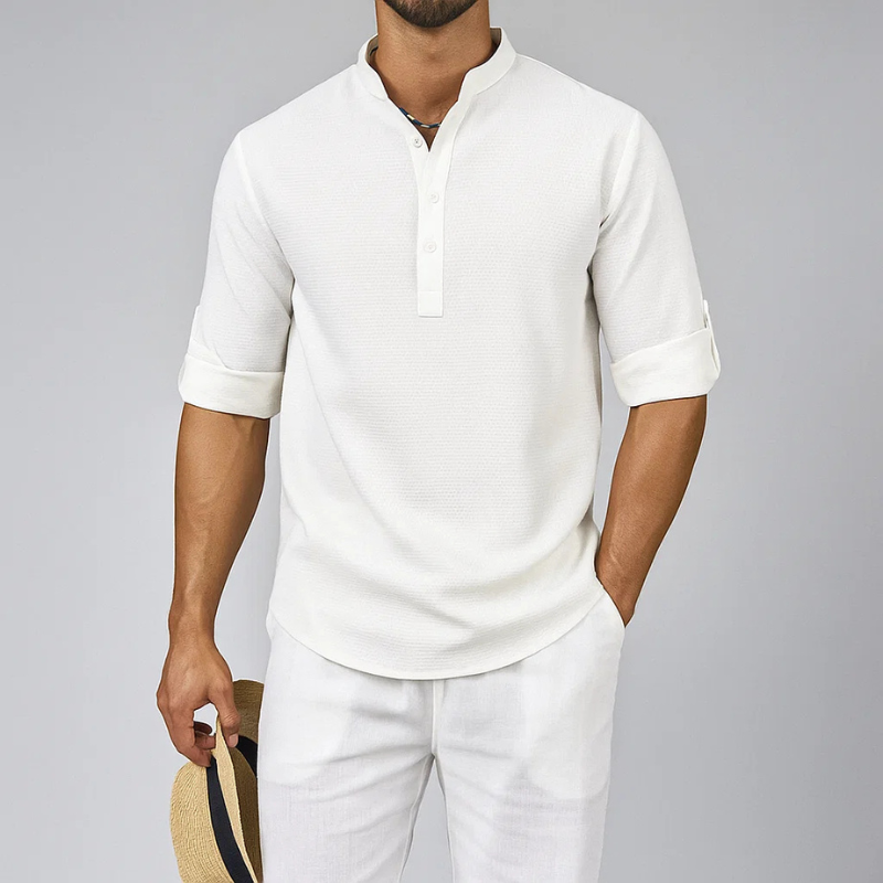 Men's Textured Band-Collar Roll-Tab Shirt