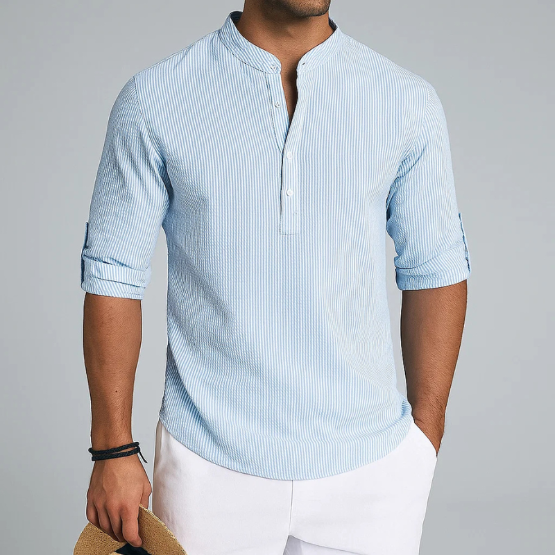 Men's Textured Band-Collar Roll-Tab Shirt