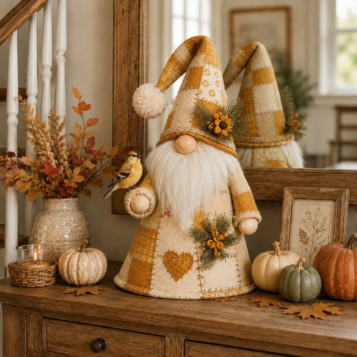🐦 Patchwork Bird Gnome Light | Farmhouse Holiday Decor