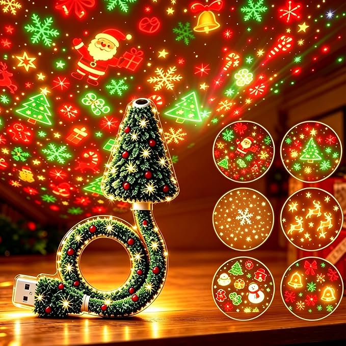 🎄Flexible USB Christmas Tree Projection Lamp - Festive Atmosphere Night Light (Includes 6 Slides)