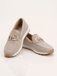 Women's sand beige mesh loafers with gold-tone buckle