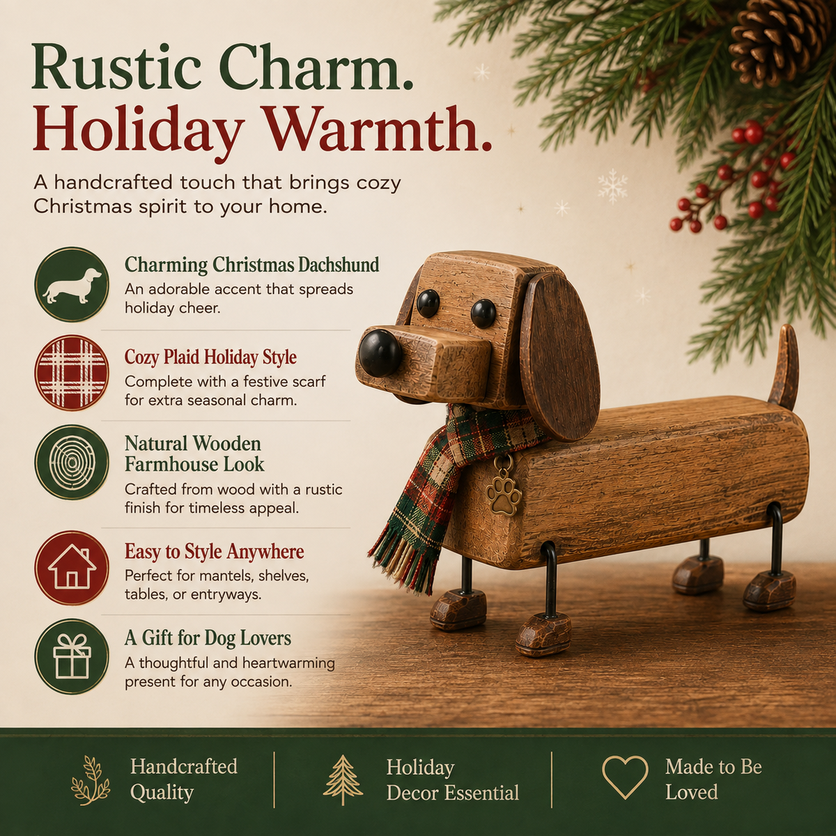 Rustic Wooden Christmas Dachshund Figurine
