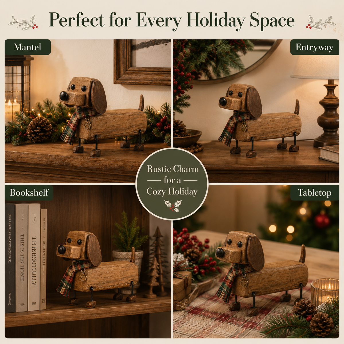 Rustic Wooden Christmas Dachshund Figurine