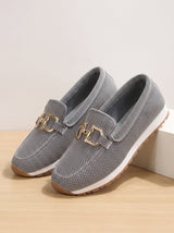 Women's silver gray mesh loafers with gold-tone buckle