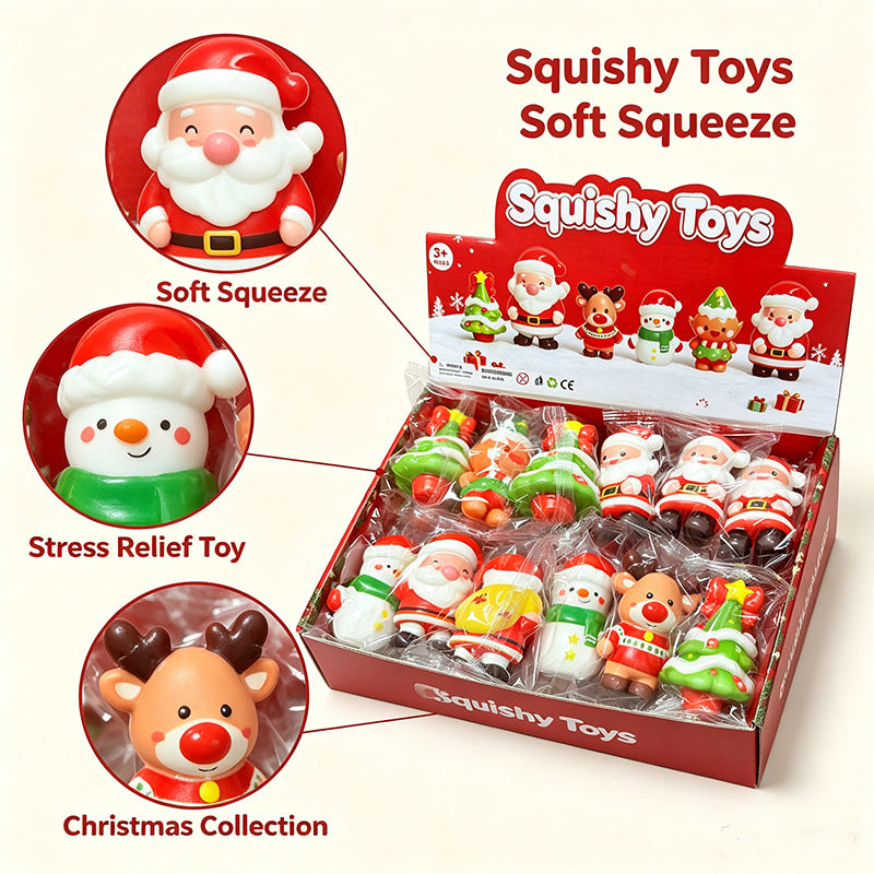 Assorted Christmas character squishy toys in a red display box