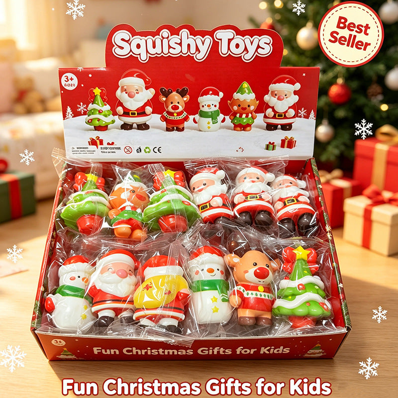 Christmas character squishy toys in a festive gift scene