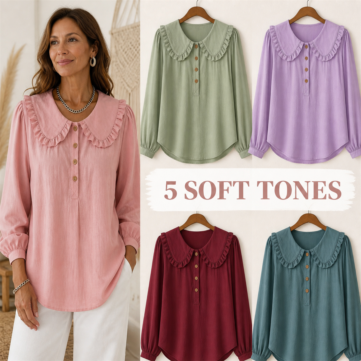 FINAL CLEARANCE - Women's Ruffle-Collar Long-Sleeve Button-Placket Blouse