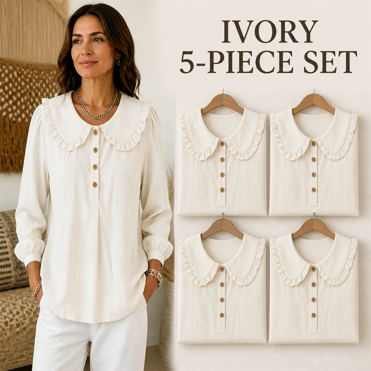 FINAL CLEARANCE - Women's Ruffle-Collar Long-Sleeve Button-Placket Blouse