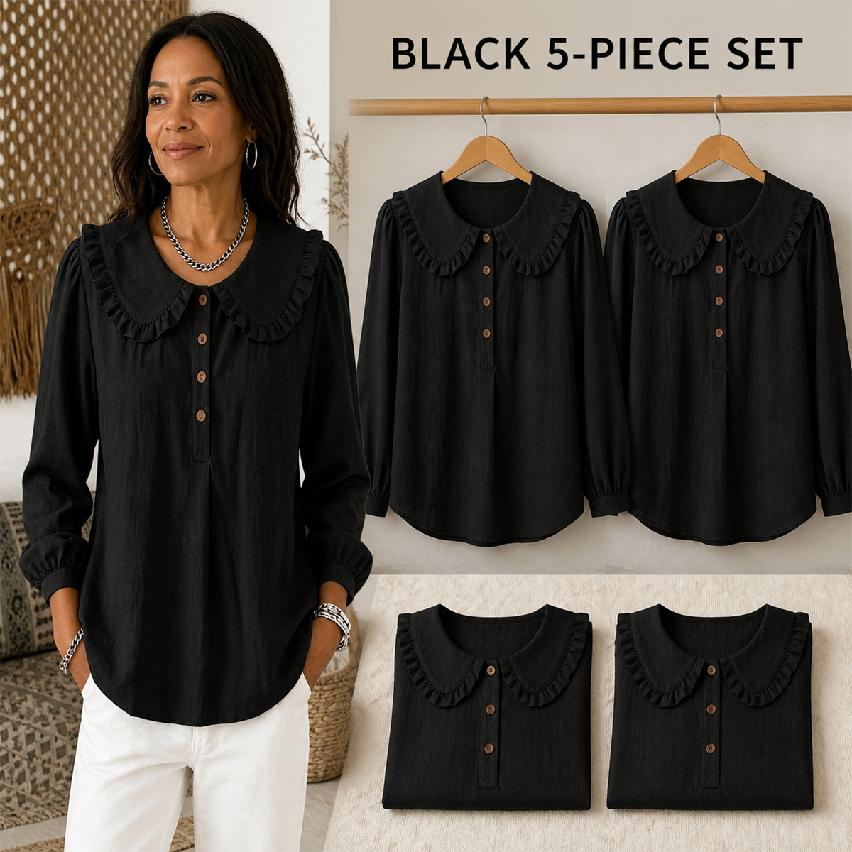 FINAL CLEARANCE - Women's Ruffle-Collar Long-Sleeve Button-Placket Blouse