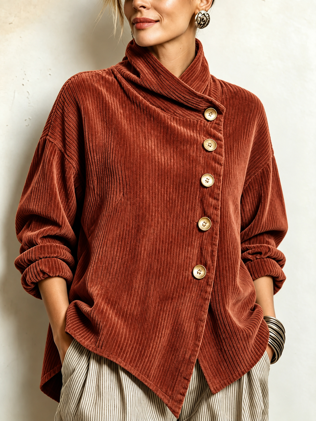 Women's Corduroy Asymmetrical Button-Up Top