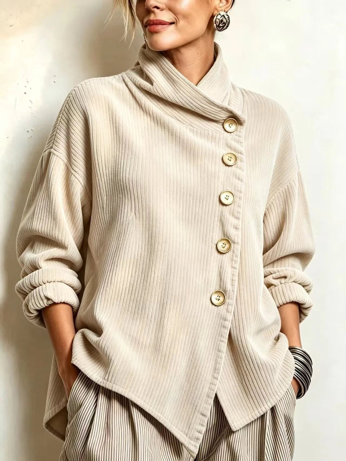 Women's Corduroy Asymmetrical Button-Up Top