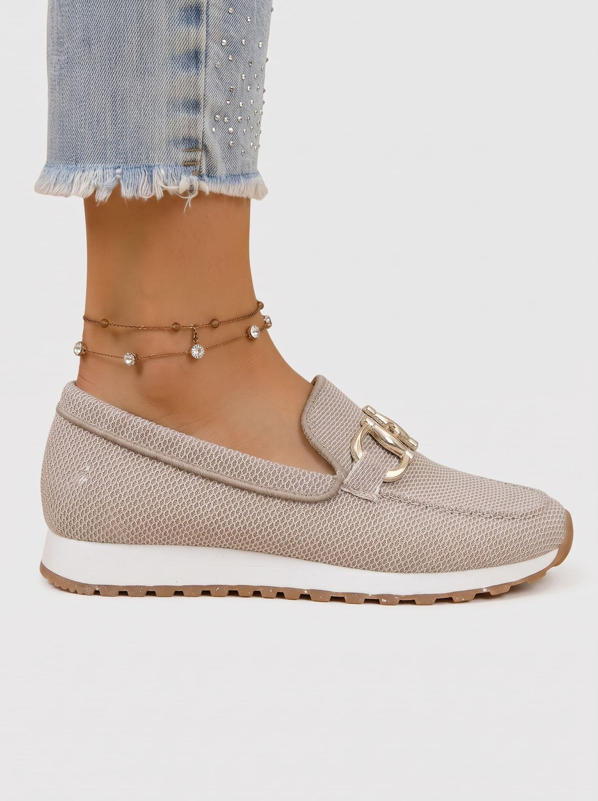 Side view of sand beige mesh loafer