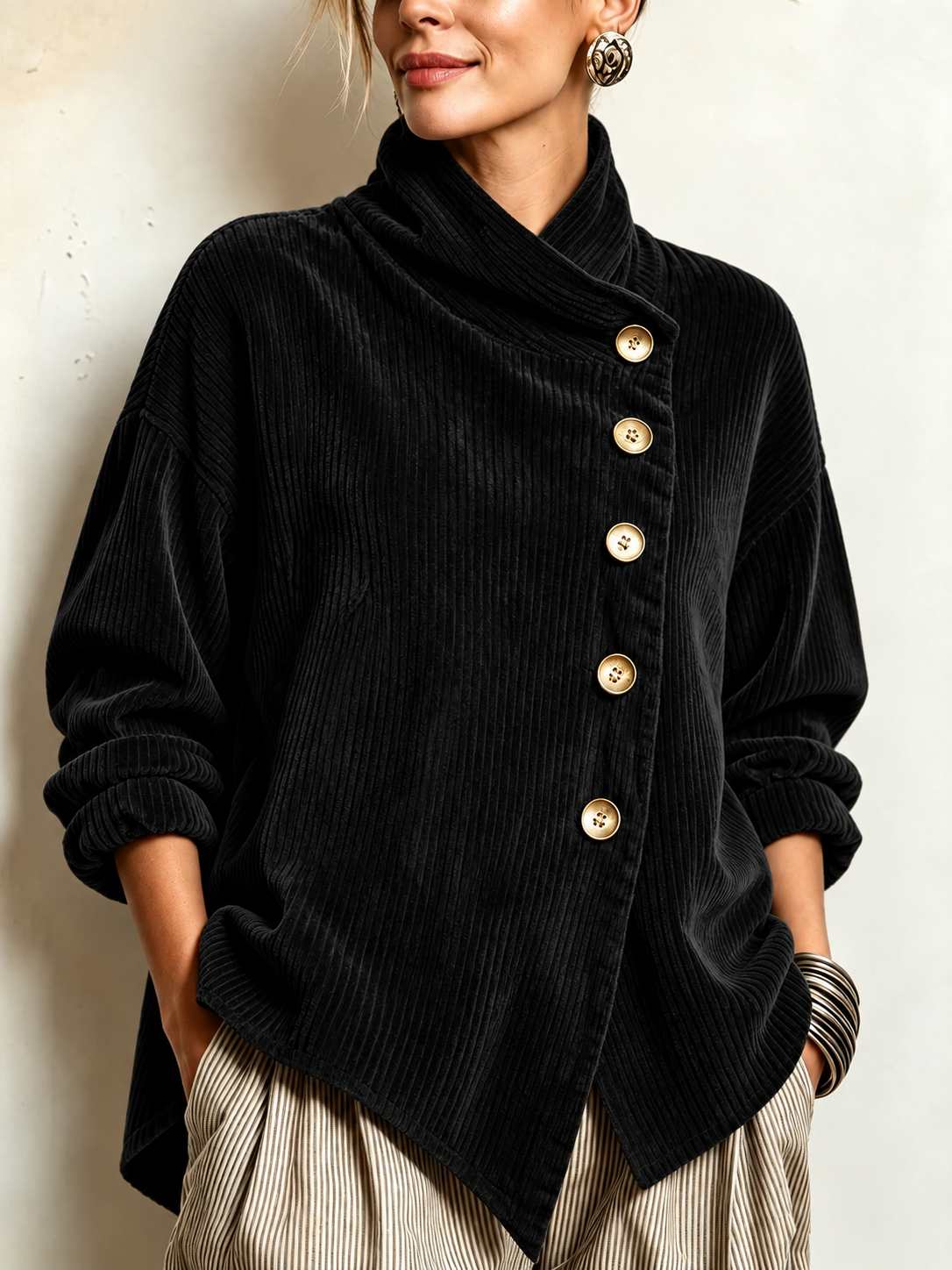 Women's Corduroy Asymmetrical Button-Up Top