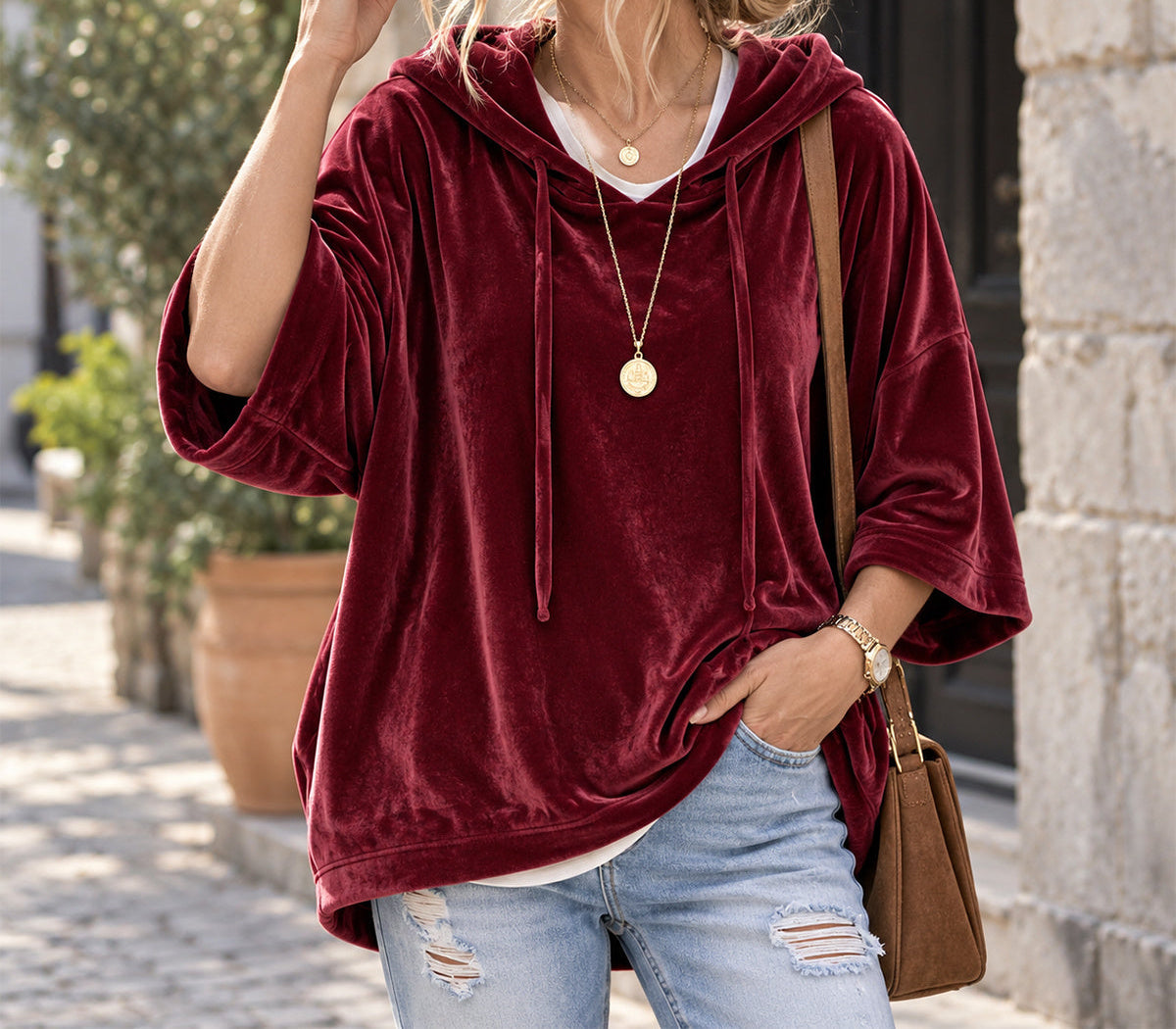 Veloura Oversized 3/4-Sleeve Velour Hoodie