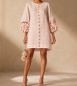 Blush Pink Aurelia dress on a Latina model