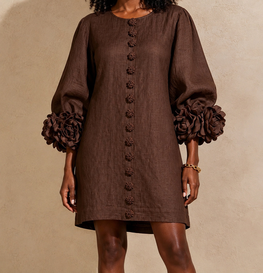 Chocolate Brown Aurelia dress on a Black model