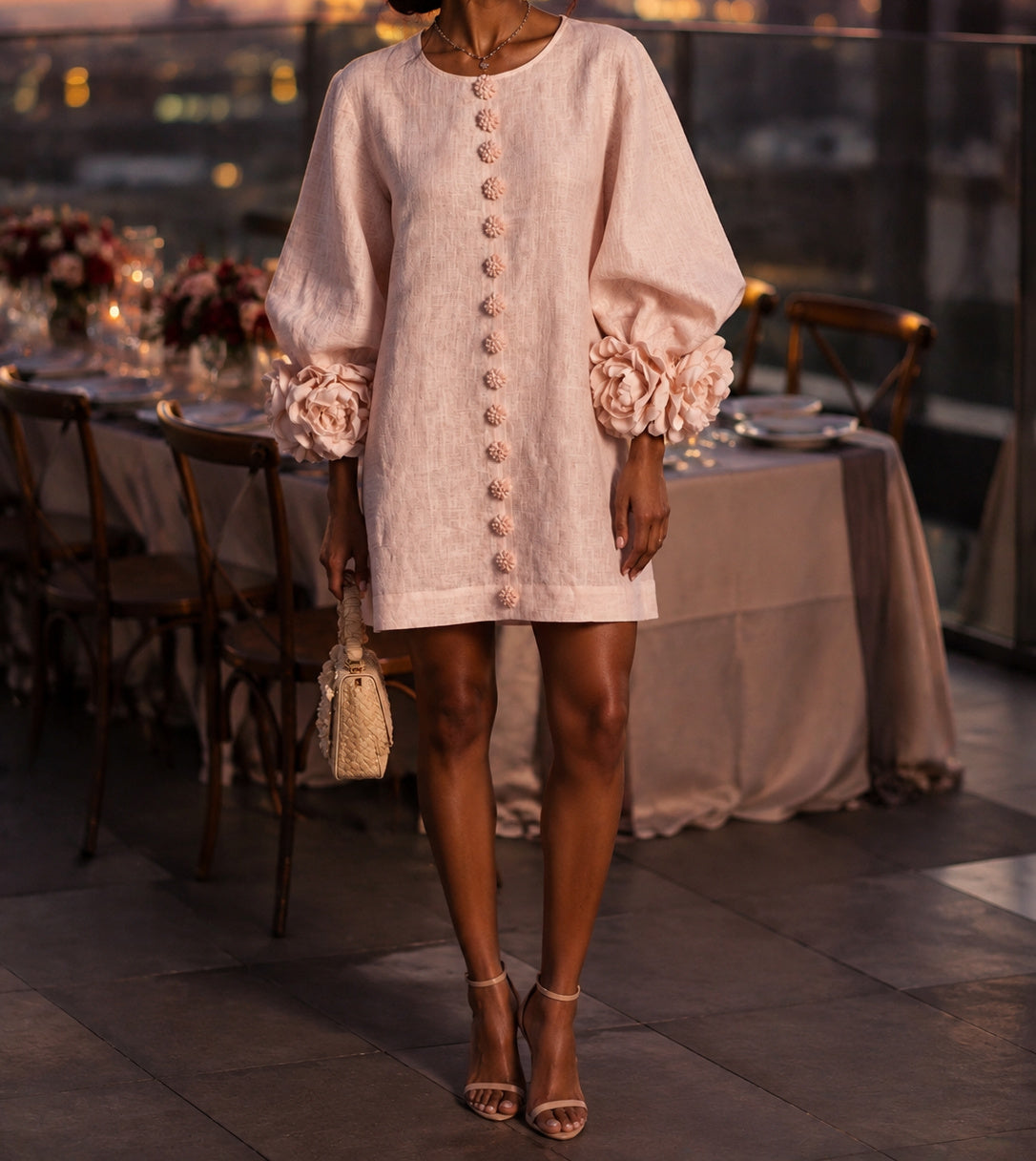 Burgundy Aurelia dress at a rooftop dinner