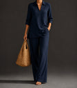Navy Camille two-piece set on a model