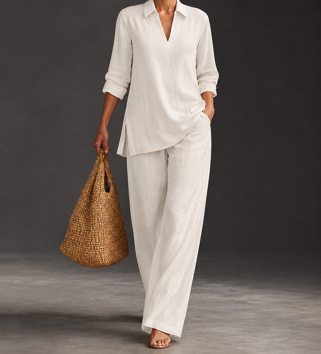 Ivory White Camille two-piece set on a model