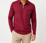 Burgundy Ronan quarter-zip polo on a male model
