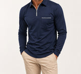 Navy Ronan quarter-zip polo on a male model