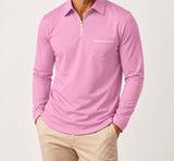 Pink Ronan quarter-zip polo on a male model