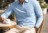 Light Blue Ronan polo at a neighborhood cafe