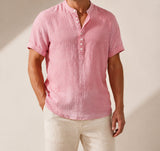 Pink Hayes short-sleeve Henley on a male model