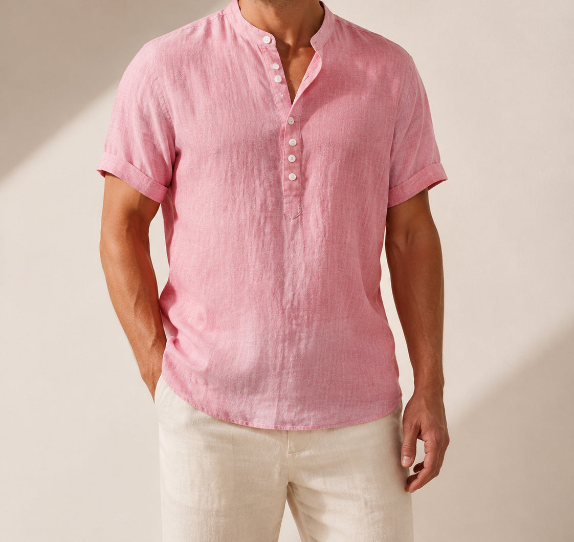 Pink Hayes short-sleeve Henley on a male model