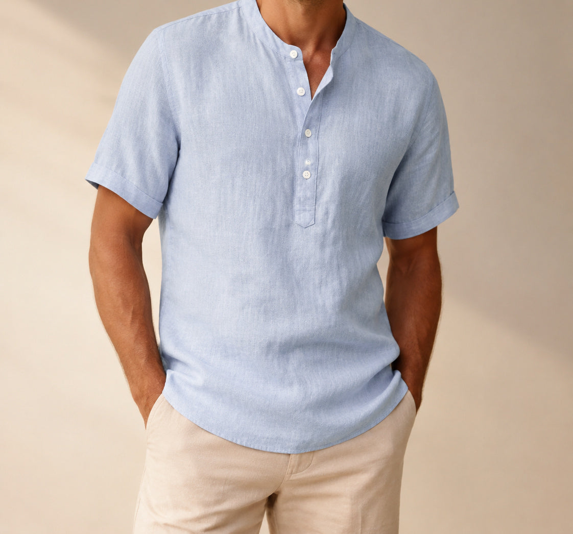 Light Blue Hayes short-sleeve Henley on a male model