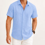 Light Blue Calder textured short-sleeve shirt on a male model