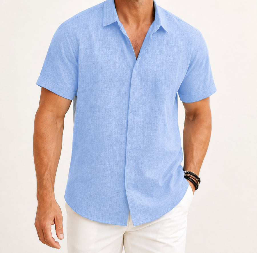 Light Blue Calder textured short-sleeve shirt on a male model