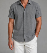 Charcoal Gray Calder textured short-sleeve shirt on a male model