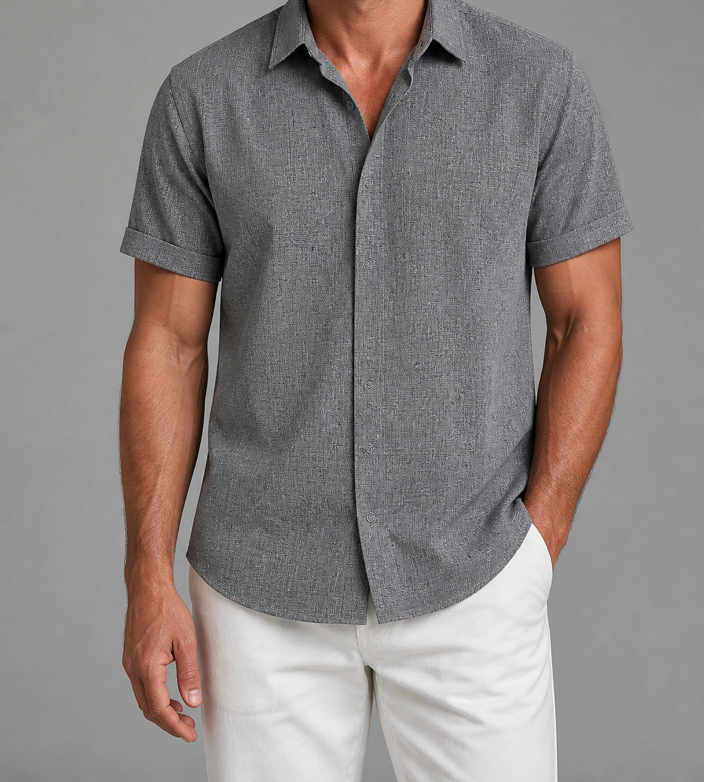 Charcoal Gray Calder textured short-sleeve shirt on a male model