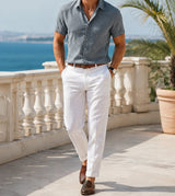 Calder shirt styled on a sunny coastal terrace