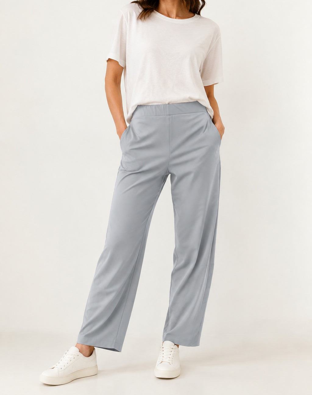 Light Gray Aria barrel-leg pants on a model