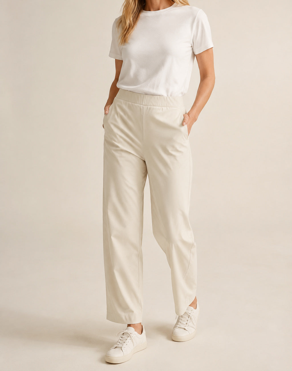 Ivory Aria barrel-leg pants on a model