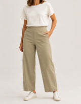 Khaki Aria barrel-leg pants on a model