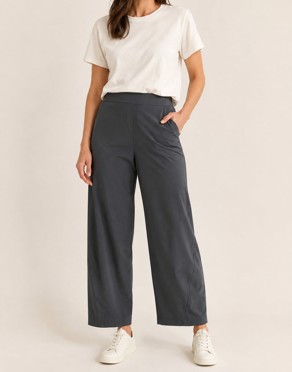 Charcoal Aria barrel-leg pants on a model