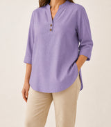 Lavender Purple Elara stretch slub linen-blend tunic blouse on an American model