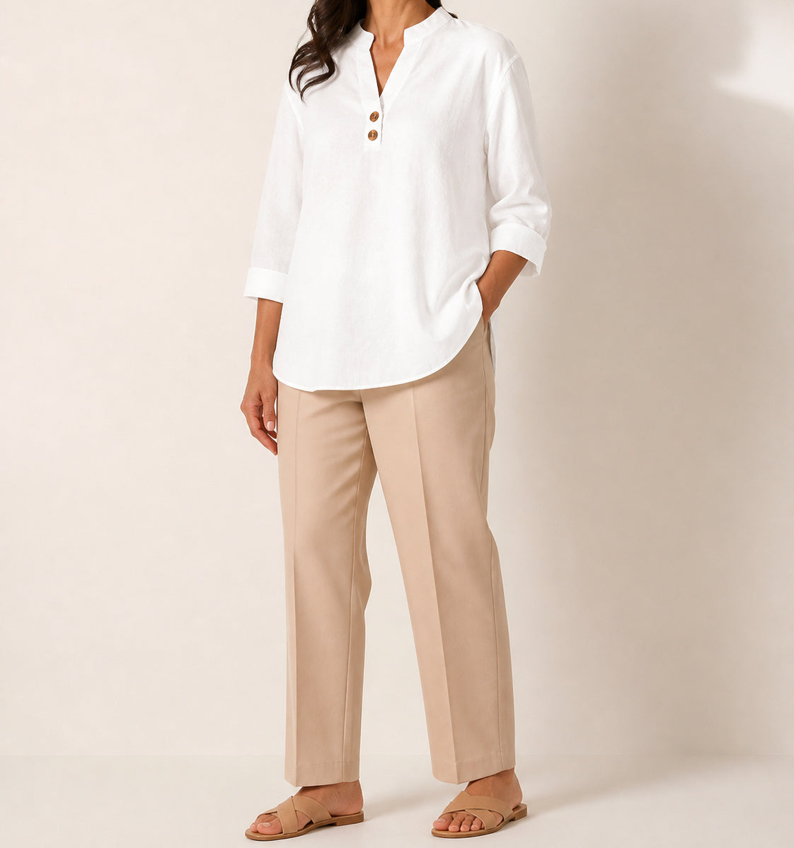 White Elara stretch slub linen-blend tunic blouse on an American model