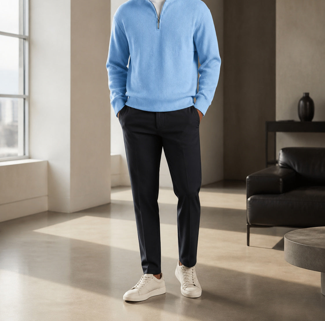 American male model wearing a light blue ribbed quarter-zip pullover